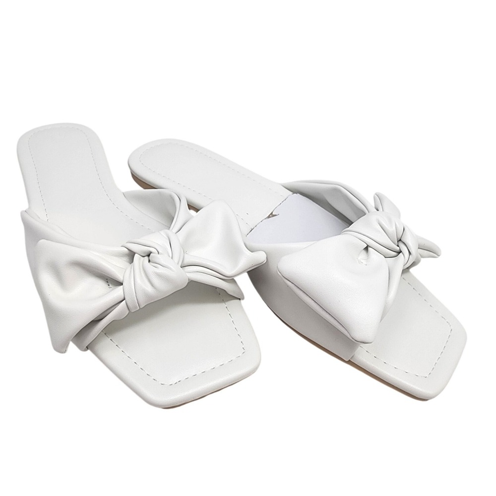 White Square Toe Bow Slide Sandals Flat Mules Womens Size 9 Slip On Summer NEW